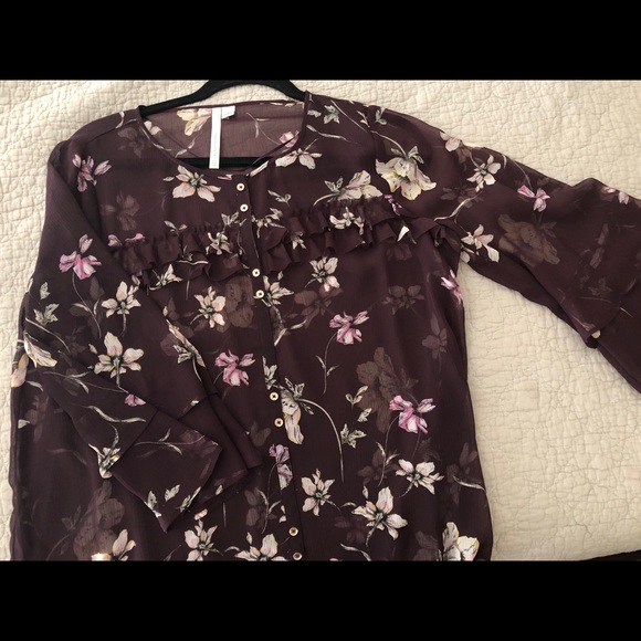 Lauren Conrad Sheer Burgundy flower blouse - Picture 1 of 6